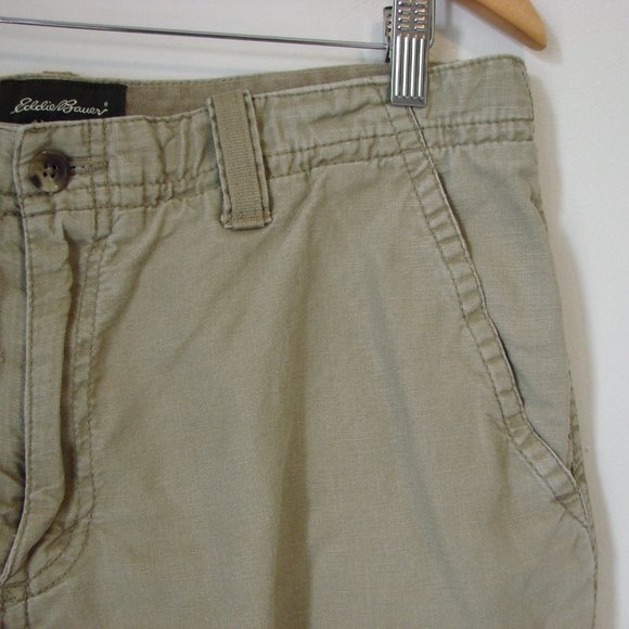 Khaki Cargo Shorts Flat Front Eddie Bauer Linen Cotton Utility Pockets Size 34 - Picture 5 of 10